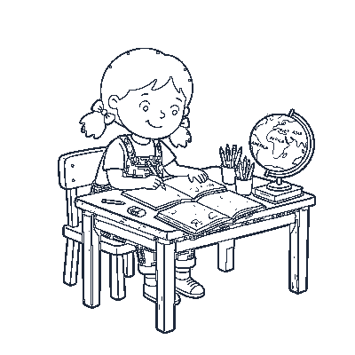 Criança Estudando na Mesa - Line-Art